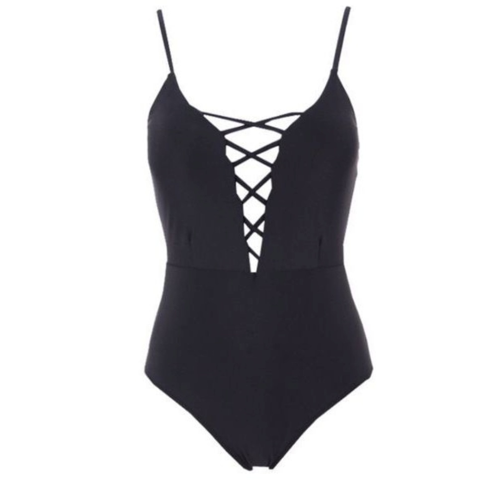 LAST ONE! Black One Piece Plunge Swim Suit - Picture 4 of 6